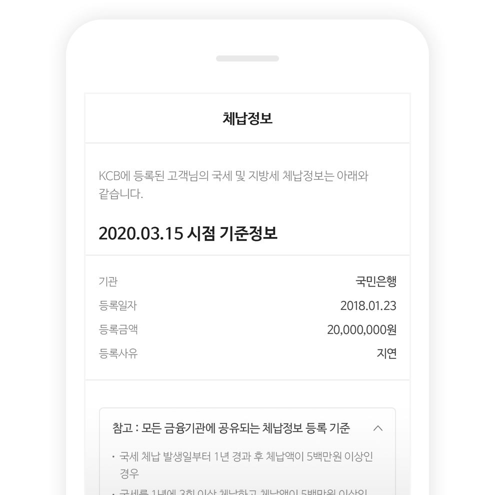 KCB에 등록된 임대인의 국세 및 지방세 체납정보 예시 화면
