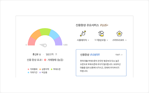 신용현황 중 고객님의 신용평가 기준 분석(내 신용평점, 신용향상 주요방안 등) 예시 화면