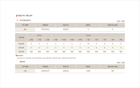 국문 개인신용보고서 내 기관별 카드 이용 실적 예시 화면