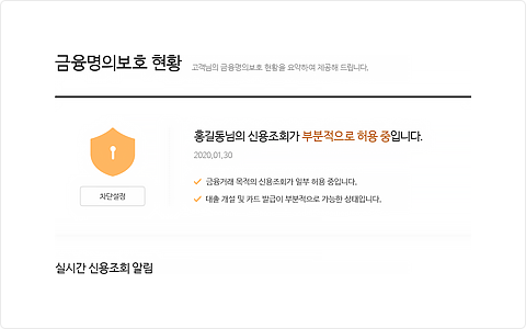 신용조회 부분적으로 허용 상태인 금융명의보호 현황 및 실시간 신용조회 알림 예시 화면