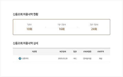 신용조회 허용내역(1년 내, 1~2년 내, 2~3년 내에 신용조회된 건수 확인), 신용조회 허용내역 상세 예시 화면